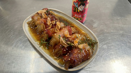 Hot Honey Bacon Enoki Rolls with Garlic Chips