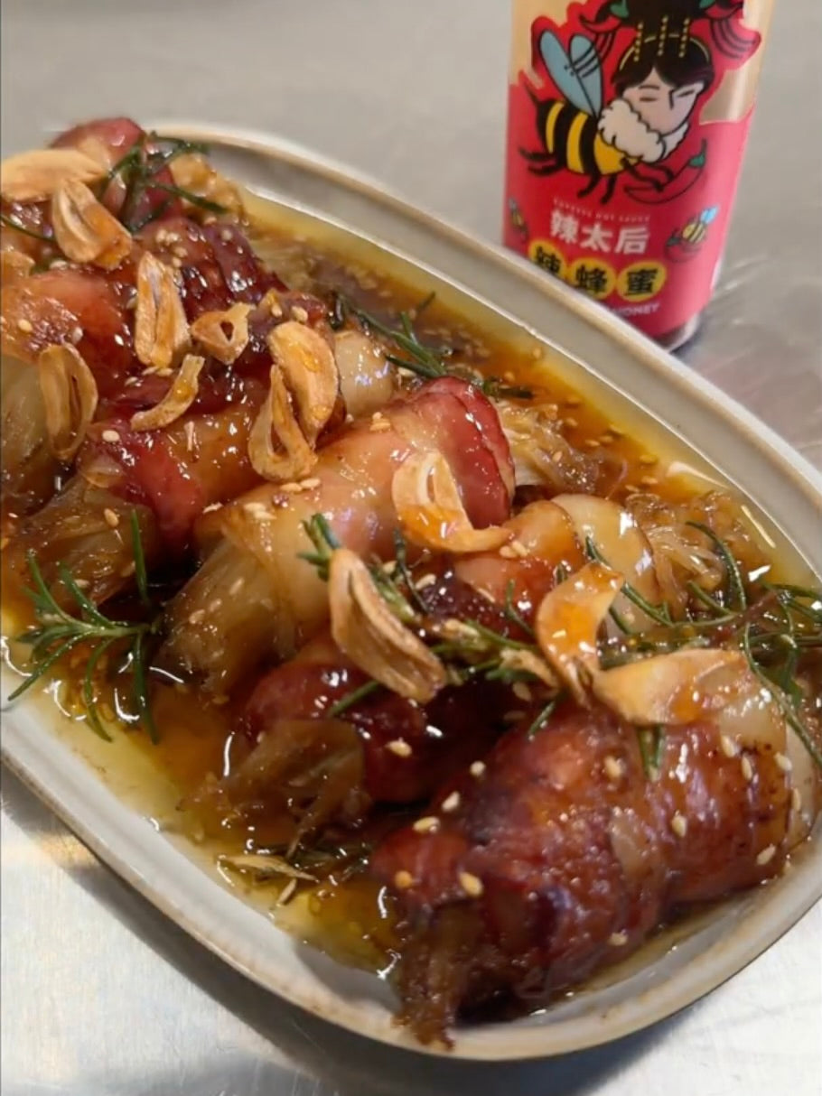 Hot Honey Bacon Enoki Rolls with Garlic Chips